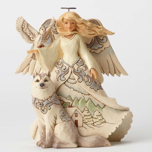 Heartwood Creek Christmas Collection - In Wind And Snow Wonder Does Grow - White Woodland Angel with Husky Figurine